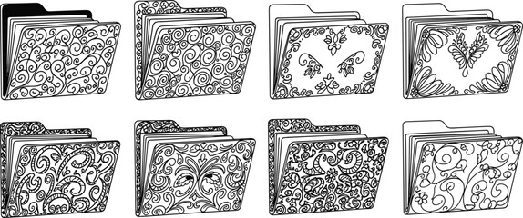 Set of decorative floral pattern folder icons, elegant vector file storage symbols with vintage swirl design for digital organization art