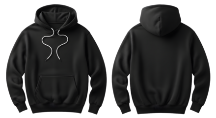 Versatile black hoodie mockup front and back for fashion designers and apparel brands showcasing clean design for modern branding and product visualization, PNG