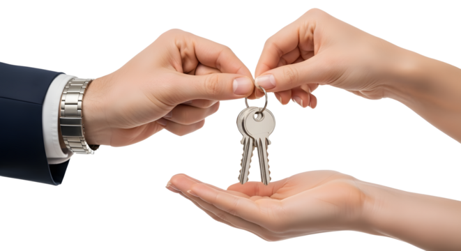 Professional hand elegantly passing house keys to another hand, symbolizing homeownership, new beginnings, and successful real estate transactions for a bright future., PNG