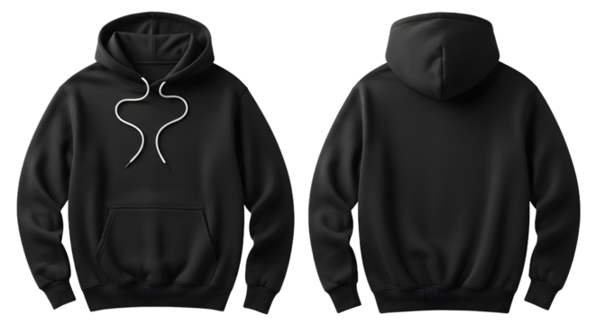 Versatile black hoodie mockup front and back for fashion designers and apparel brands showcasing clean design for modern branding and product visualization, PNG