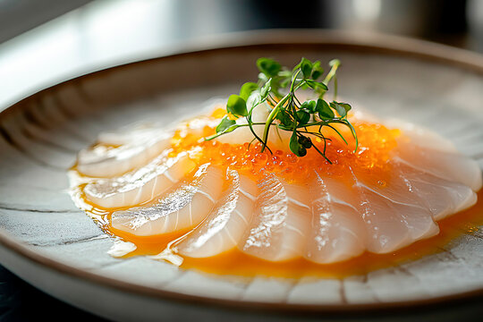 Tiradito dish featuring thinly sliced raw fish, vibrant orange aji amarillo sauce, and fresh green microgreens creating a gourmet appetizer