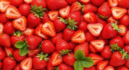Red strawberries abound as a fresh strawberry background. Red strawberries in abundance showcases a vibrant backdrop, and several sliced strawberries for texture and visual appeal.