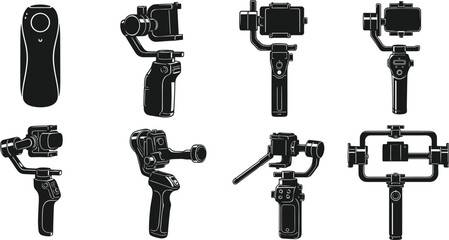 Set of camera gimbal stabilizer and handheld device silhouette vector illustration for photography, videography, professional filming, motion control equipment design