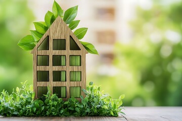 Wooden house model with fresh green leaves symbolizing eco-friendly building, sustainable energy, and environmental responsibility
