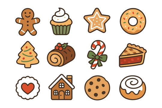 Festive holiday treats: gingerbread, cupcake, star cookie, donut, pie, candy cane, yule log.