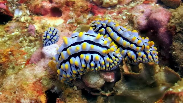 A cluster of doris nudibranchs, marine gastropod mollusks, are seen in a group in their habitat among the coral reef. The ocean environment gives an insight into underwater ecosystem.