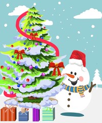 Cartoon Christmas fir trees, decorated and covered with snow green xmas trees. Winter holiday symbol flat illustrations christmas tree and snowman