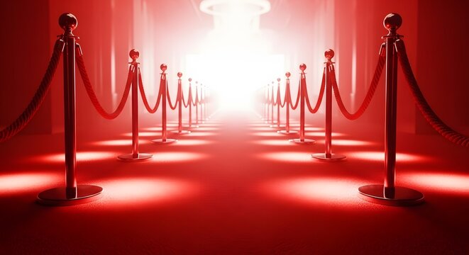 A long red carpet stretches into a bright, glowing light, lined with velvet ropes and stanchions, creating a path for vips and celebrities