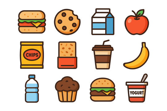 Assorted snack icons including burger, cookie, milk, apple, and more.