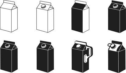 Set of black and white milk carton icons, vector illustration of beverage packaging, dairy product containers, drink box symbols designSet of black and white milk carton icons