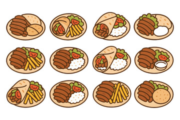 Illustrated assorted dishes featuring meat, rice, fries, and vegetables in a pattern.