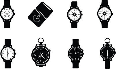 Set of black and white compass and wristwatch icons, navigation direction symbols, travel design elements, adventure guide tools, vector illustration