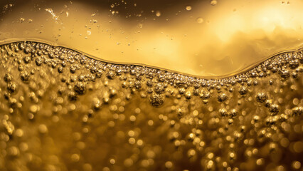 Naklejka premium Bubbles in golden champagne, blurred backdrop, created AI