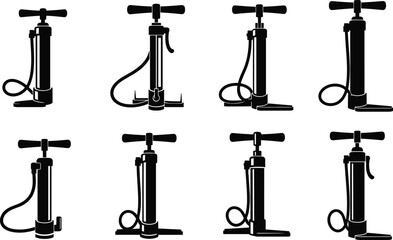 Set of bicycle air pumps, manual inflation tools collection, portable air compressors, black silhouette vector illustration isolated on white background