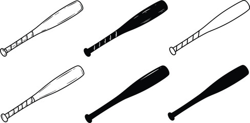 Set of baseball bat silhouette vector illustration, sports equipment design, black and white bat collection for game and training concept