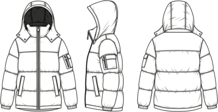 Winter puffer jacket technical flat sketch, front side back view, fashion cad drawing, hooded coat vector, apparel design illustration