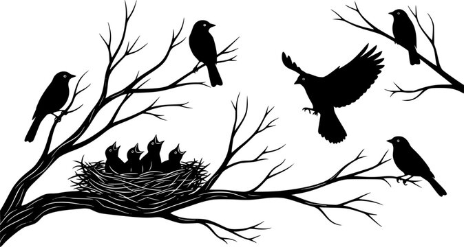 Bird silhouettes perched on branches, flying bird, baby birds in nest, nature wildlife scene, black vector illustration, isolated on white background