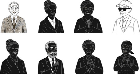 Senior people portrait illustration, elderly men and women smiling, vintage character design, wisdom and respect, aging with grace and happiness concept