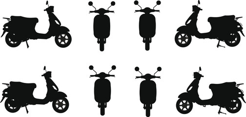 Scooter and motorcycle silhouette collection, transportation vehicle icon set, black and white vector illustration for travel, urban mobility, and design projects
