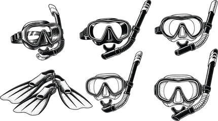 Scuba diving gear illustration, snorkel masks and fins set, underwater exploration equipment, black and white vintage engraving style, ocean adventure art