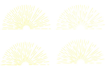  Sunburst shapes, bursting sun rays, sunshine. Radial fireworks burst, sunset and sunrise, star beams, sparkle elements. Vector classic boho logo