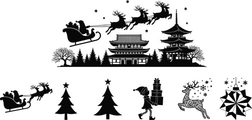 Santa sleigh over Asian pagoda, Christmas silhouette, festive icons, snowflakes, elf with gifts, reindeer, ornament, winter holiday illustration