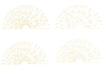  Sunburst shapes, bursting sun rays, sunshine. Radial fireworks burst, sunset and sunrise, star beams, sparkle elements. Vector classic boho logo