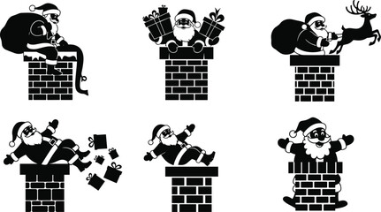 Santa Claus, chimney humor, festive silhouette, Christmas delivery, black and white, reindeer ride, stuck Santa, holiday fun, seasonal icon, winter joySanta Claus, chimney humor