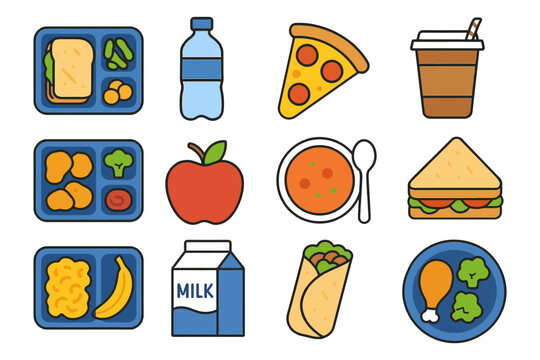 Diverse school lunch options: sandwiches, pizza, milk, and vegetables illustrated.