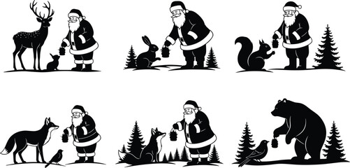 Santa Claus silhouette, winter forest animals, lantern in hand, snowy woodland scene, Christmas illustration, deer, rabbit, bear, fox, raccoon