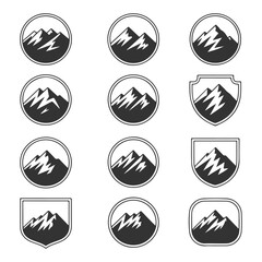 Mountain badge icon set, Black and white mountain emblem collection