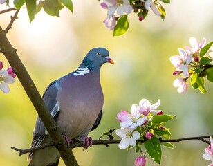 Pigeon perched on blossoming tree branch