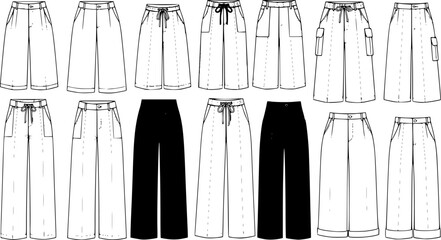 CAD drawing flat vector illustration of women’s wide leg pants fashion design technical sketch with different styles and details