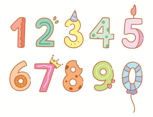 Cute vector colorful 0-9 numbers doodle cartoon with party theme. Hand drawn 0-9 math numbers for kid and children. Cute number scribble asset, graphic element, design