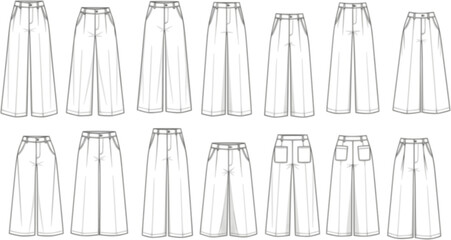 CAD drawing flat vector illustration of women&rsquo;s wide leg pants fashion design technical sketch with different styles and details