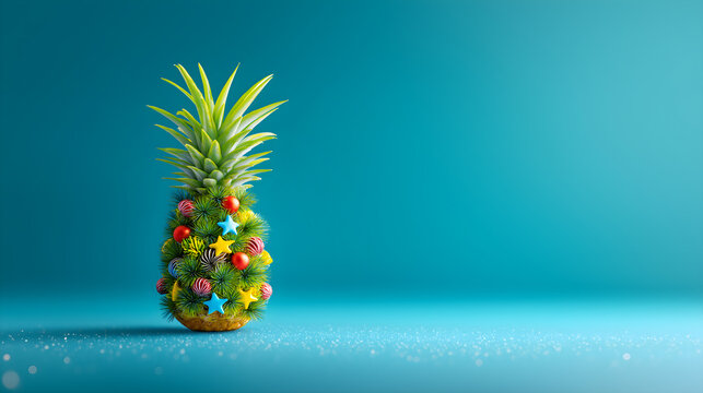 Beautiful pineapple fruit decorated like a Christmas tree isolated on a blue background. Happy xmas. Copy space.