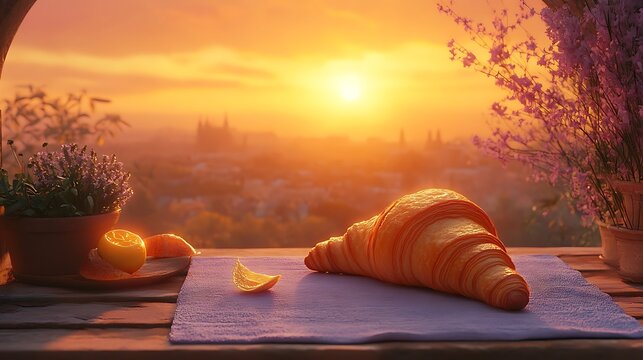 Golden croissant and citrus slices at sunrise isolated on white background
