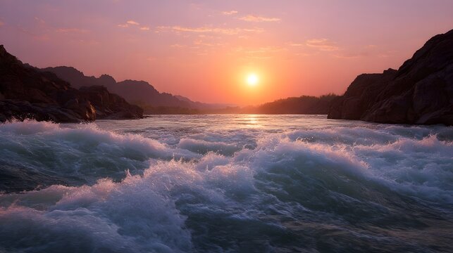 Rushing whitewater rapids surge through a rugged landscape under a vibrant crimson sunset sky highlighting nature s raw power and beauty