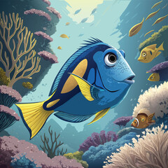 A charming cartoon illustration of a blue tang fish swimming amidst a vibrant coral reef, perfect for kids book design