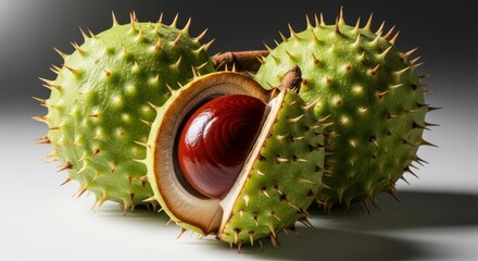 Close-up of spiky horse chestnuts with shiny brown seed