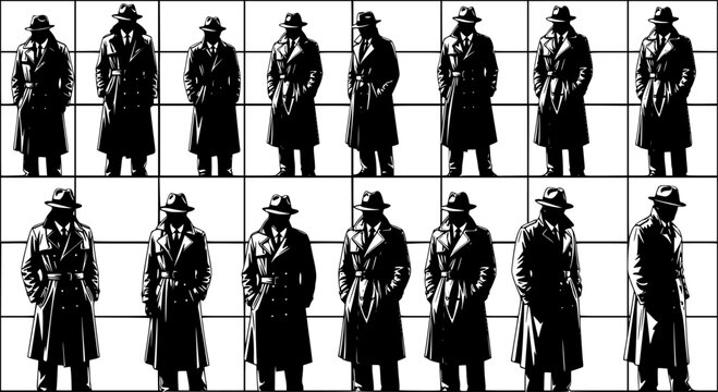 Mysterious silhouette men in trench coats and fedora hats, standing in grid formation, symbolizing anonymity, surveillance, uniformity, identity, secrecy, noir detective theme 