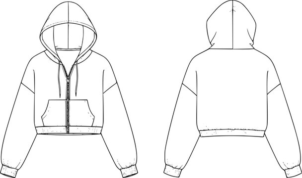 Cropped hoodie technical fashion flat sketch, zip up front view back view line drawing, CAD vector illustration template