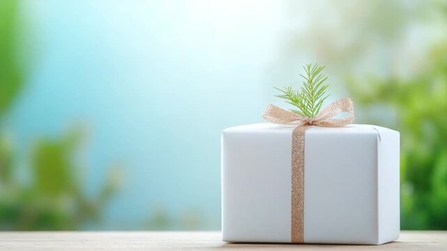 Gift of Nature: A pristine white gift box, adorned with a delicate ribbon and sprig of greenery, sits on a wooden surface, set against a backdrop of a lush green landscape.