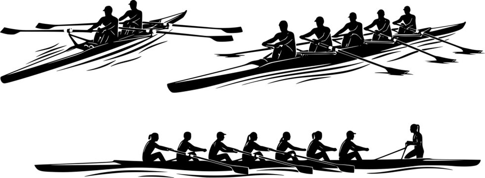 Silhouettes of single, double, quad, and eight-person rowing teams, sculling and sweep boats, competitive crew sport vector illustration, water racing concept