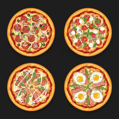 fourDelicious Pizzas Vector on Black Background