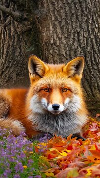 Vertical video: Gazing red fox blinking dozing at wood clearing, with trunk, leaves and wildflowers
