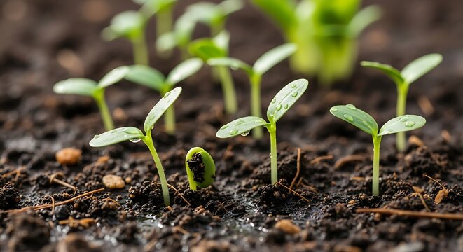 Close up of young seedlings sprouting from rich soil, symbolizing new growth and beginnings in nature.