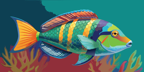 rainbow wrasse swimming in the ocean with coral reef in the background