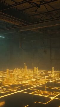 Vertical video: Activating holographic grid projecting city map inside warehouse, with pipes