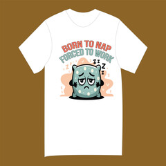 A white t-shirt features a distressed, blue pillow character with a sad expression, surrounded by sleepy elements and text.